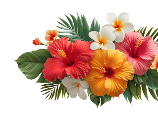Bright tropical flowers including hibiscus and frangipani arranged in floating layout, isolated on a Transparent background, PNG file.