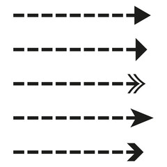 Dashed arrow set. Direction indicator group. Simple vector pointer. Horizontal motion concept.