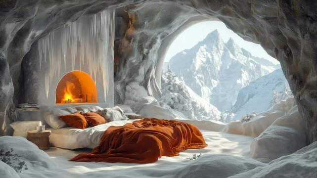 Cozy cave bedroom with fireplace, snowy mountain view