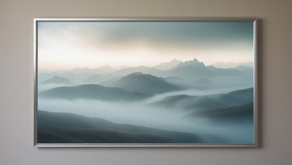 Naklejka premium Serene misty mountain landscape in a white frame