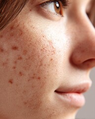 Close-up portrait of young woman with freckles calm indoor setting natural light