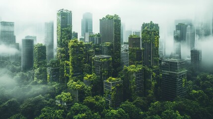 Cityscape merging with nature: skyscrapers adorned with vibrant greenery