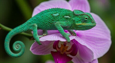 Obraz premium Vibrant green chameleon delicately perched on a soft purple orchid blossom