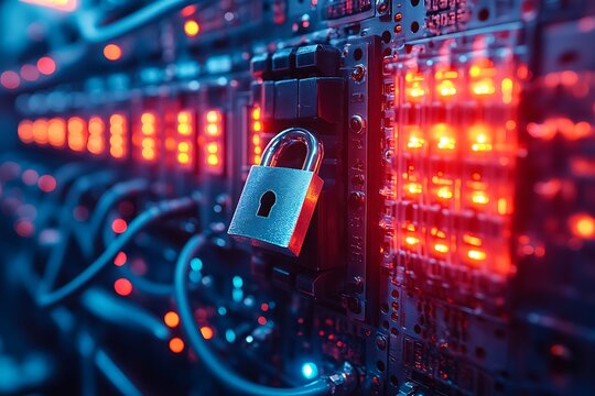 Padlock securing server hardware symbolizing data security and information protection measures