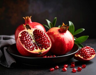 Pomegranate split open with seeds exposed, dark moody background