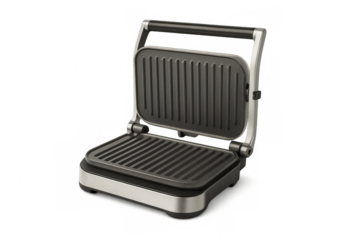 Electric grill opened, showing clean cooking surfaces, positioned against transparent backdrop