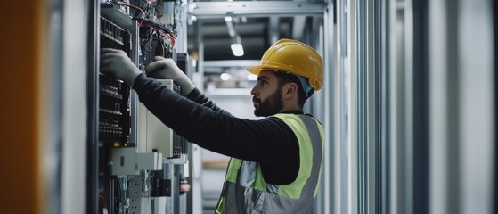 A detailed shot of an electrician installing electrical panels in a commercial skyscraper, Skyscraper electrical installation scene, Electrical system integration style