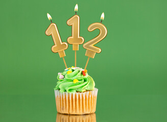 Number 112 birthday candle - Cupcake on a green background