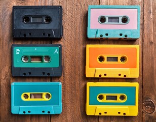 Obraz premium cassette tapes arranged by color, flat lay on wooden surface” 