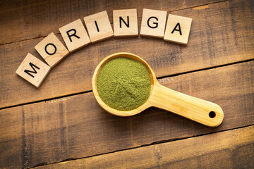 Organic dried moringa powder in a spoon - Moringa oleifera