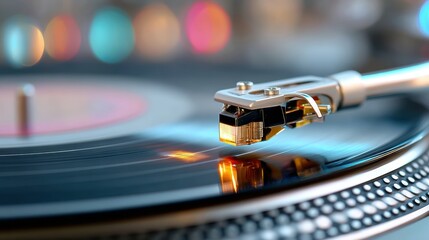 A close-up of a turntable needle playing a vinyl record with colorful bokeh lights in the background.