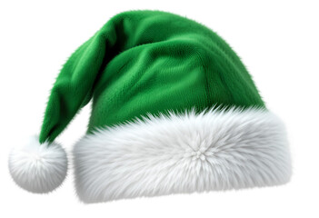 Green Santa Hat with White Fur Trim PNG. Realistic Christmas Hat Isolated on Transparent Background. Festive Holiday Clipart for Digital Design and Decoration.