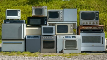 Obraz premium Outdated appliances stacked outdoors