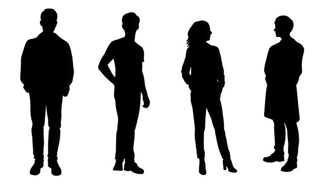 Four silhouetted figures standing in a row against a plain white background space
