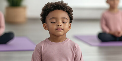 A young child sits cross-legged on a yoga mat with eyes closed, appearing calm and focused. Meditation, mindfulness, serenity
