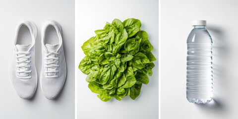White sneakers, fresh green spinach, and a bottle of water are displayed side by side. Healthy lifestyle essentials