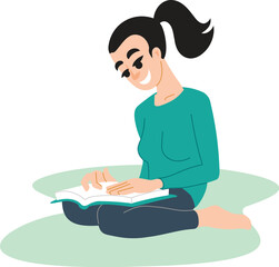 Smiling young girl sitting and reading a book. Illustration of a female student studying a lesson from a book. School days.