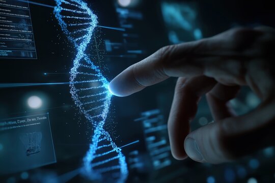 Exploration of genetic coding with a human touch, showcasing a glowing DNA strand in a modern technological setting - Powered by Adobe