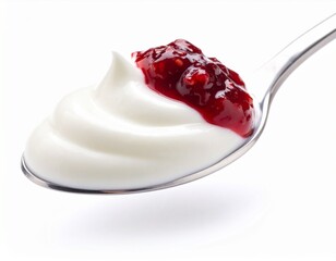 Spoon of yogurt with berry jam isolated on white background