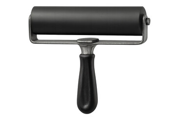 Printmaking roller distributing ink uniformly, essential graphic arts tool spreading color smoothly, transparent isolated background