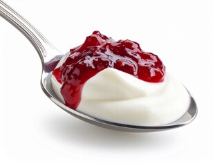 Spoon of yogurt with berry jam isolated on white background