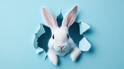 White rabbit peeking through ripped, light blue paper with large ears and dark eyes