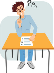 An imaginary student is taking a test. Illustration of a young man solving problems at a desk. School days.