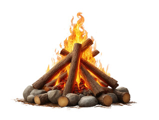 Cozy camping night campfire scene with realistic burning logs, isolated on a Transparent background, PNG file.
