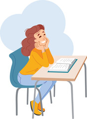 Smiling young girl sitting thoughtfully at her desk. Illustration of a female student studying a lesson from a book. School days.