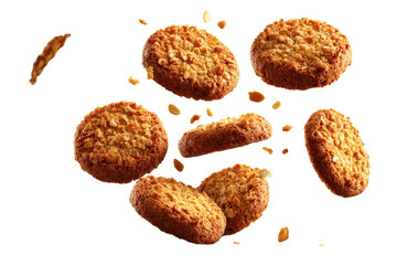 Crispy cookies floating in mid-air, golden brown color, isolated on transparent background, PNG file