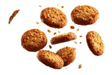 Crispy cookies floating in mid-air, golden brown color, isolated on transparent background, PNG file
