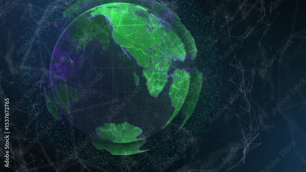 Poster Rotating digital Earth globe showing grid lines in data visualization space, pulsing network nodes