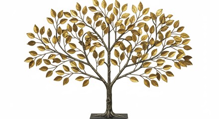 Elegant gold leaf metal tree wall art softly illuminated. AI Generated
