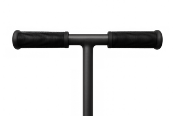 Black scooter handlebar closeup with textured ergonomic grips, offering secure handling and design flexibility against transparent background