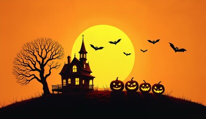 Halloween Scene with Silhouetted House, Pumpkins, and Bats Against a Full Moon