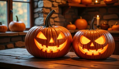 Two glowing jack-o'-lanterns with carved faces sit on a wooden table in a cozy, rustic setting.