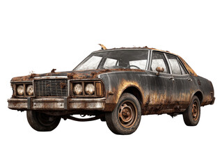 Damaged car body with rust and erosion, retro vehicle abandoned, isolated