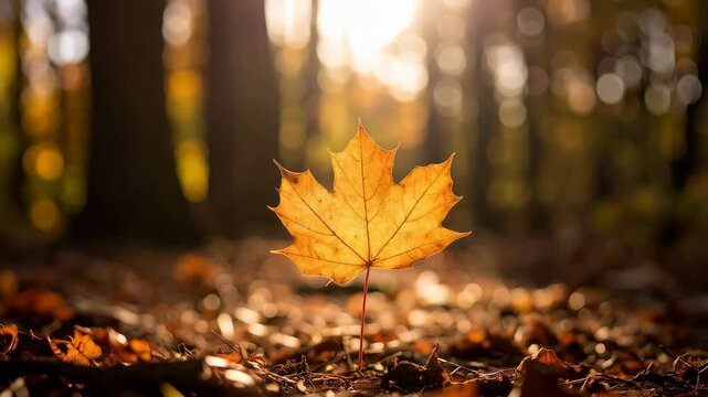 Golden maple leaf stands out amidst fallen foliage on a forest floor bathed in soft autumn light, trees blurred in the background