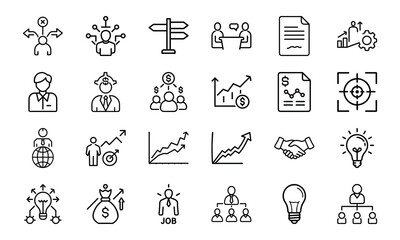 A comprehensive set of business and finance icons illustrating growth strategy teamwork and innovation