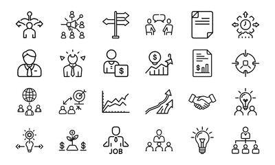A set of business and management icon illustrations depicting collaboration growth and strategic decisions