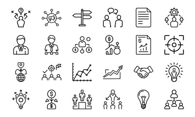 Business and strategy icons vector set depicting goals teamwork finance and planning for corporate success