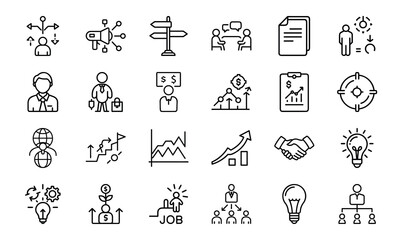 Business and management icon set outlining concepts of strategy planning and growth