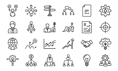 Business and management icon set representing growth strategy and success