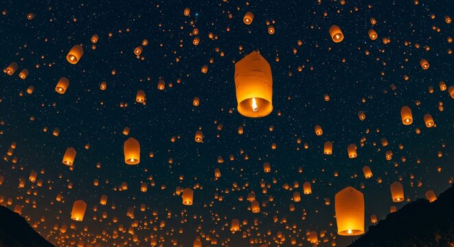 Majestic golden lanterns illuminating a dark blue sky during festival night