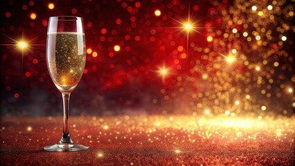 Sparkling wine glass on a velvet red background with gold dust and blurry sparkling stars amidst a magical atmosphere, Christmas Magic, Elegance