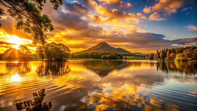 Sunset over Eildon Hills with a warm golden glow on the lake water and surrounding trees, Sunset, Australia,  Sunset