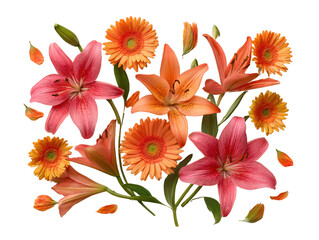 Exotic pink lilies and orange gerbera daisies scattered artistically, botanical display isolated on a Transparent background, PNG file.