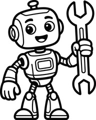 Obraz premium Friendly Robot Holding Wrench Vector – Black and White Cartoon Mechanic Clipart
