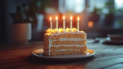 Slice of Birthday Cake with Candle and Colorful Balloons