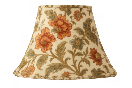 Vintage floral lampshade with vibrant orange blooms, verdant leaves, standing against transparent backdrop, complementing interior design